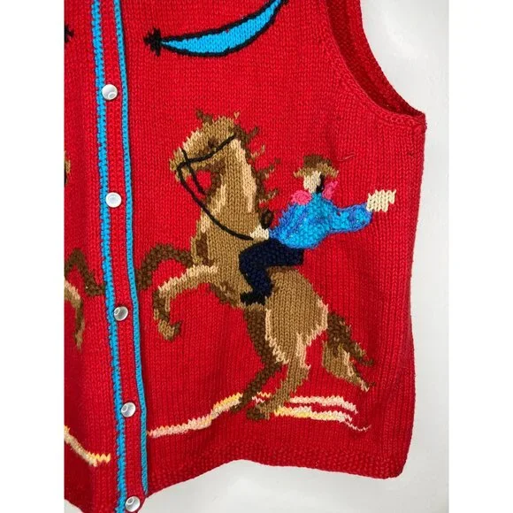 Vintage Susan Bristol Hand Knit Western Vest Red Cow Print Cowboy Womens Medium - Picture 2 of 9